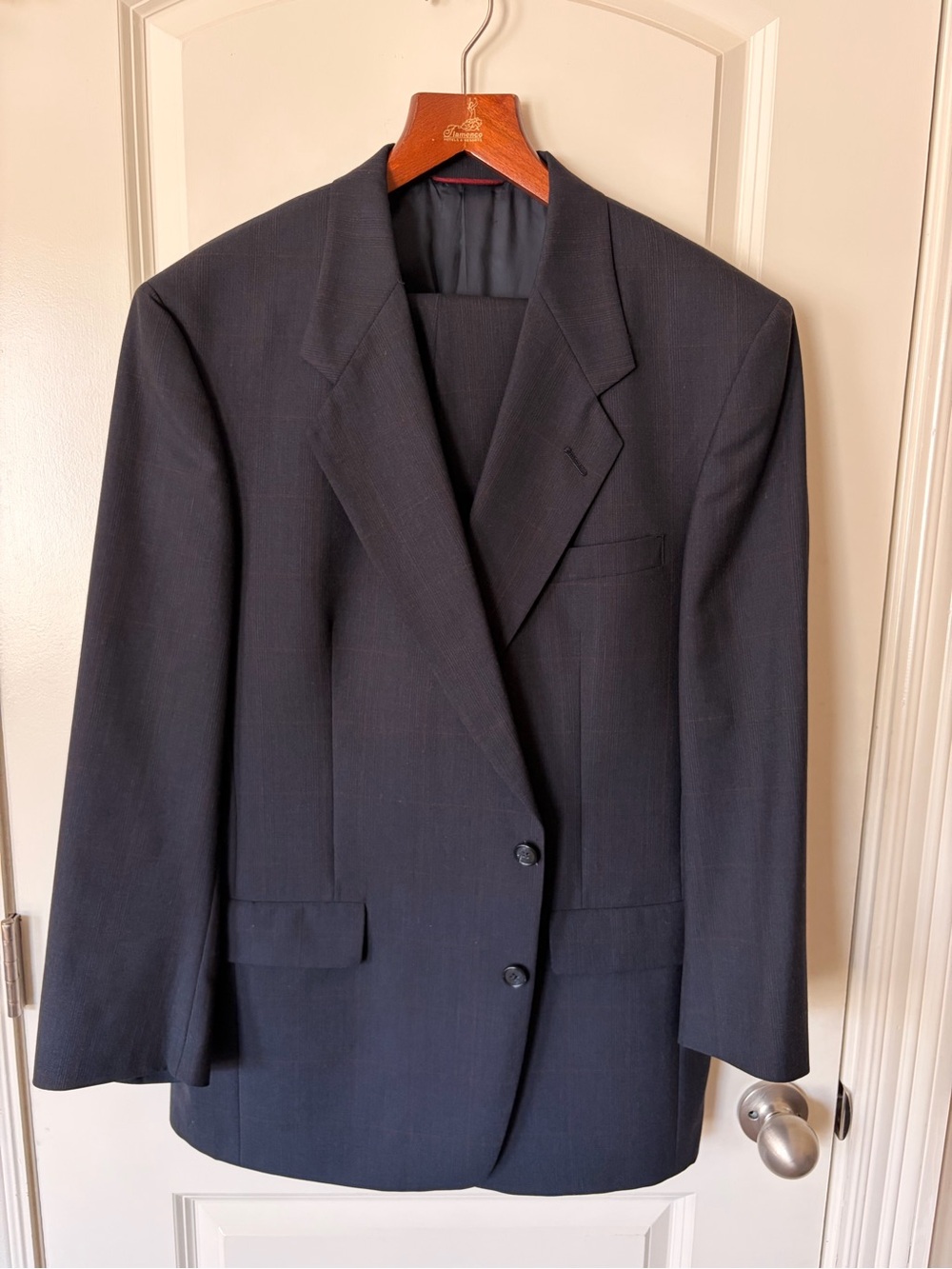 Hart Schaffner Marx 44R Navy Windowpane Virgin Wool Suit USA Classic Tailored